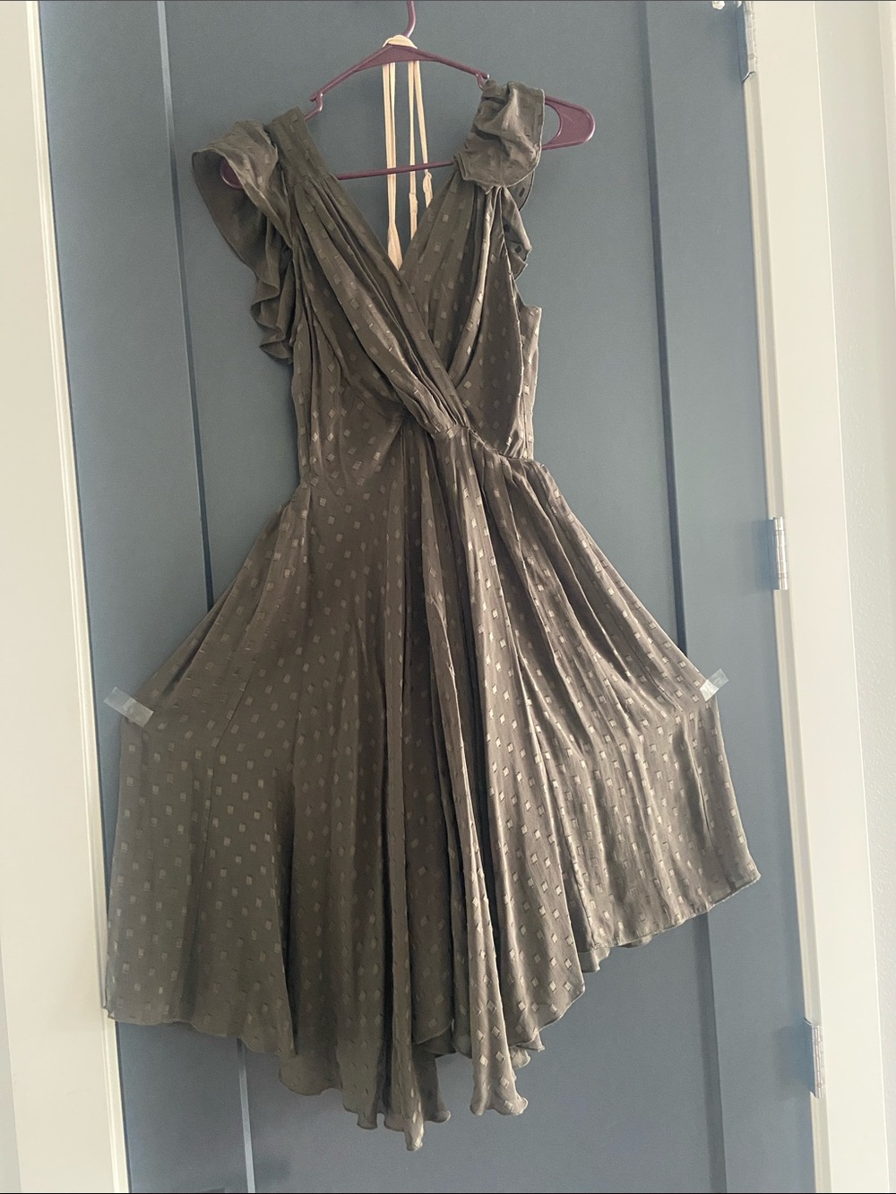 100% SILK Olive Midi Wrap Dress with Ruffled Shoulders